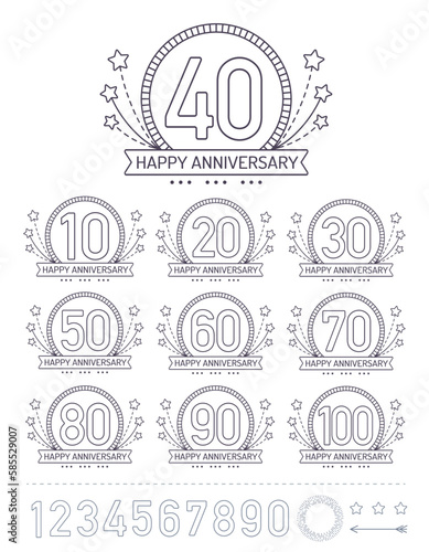 Anniversary signs collection in outline style. Celebration labels with sunburst elements.