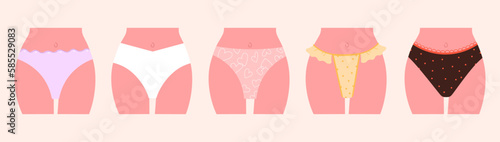 Various female lingerie, briefs different style on girls. Sexy and comfort panties, cartoon underwear collection. Woman wear vector clipart