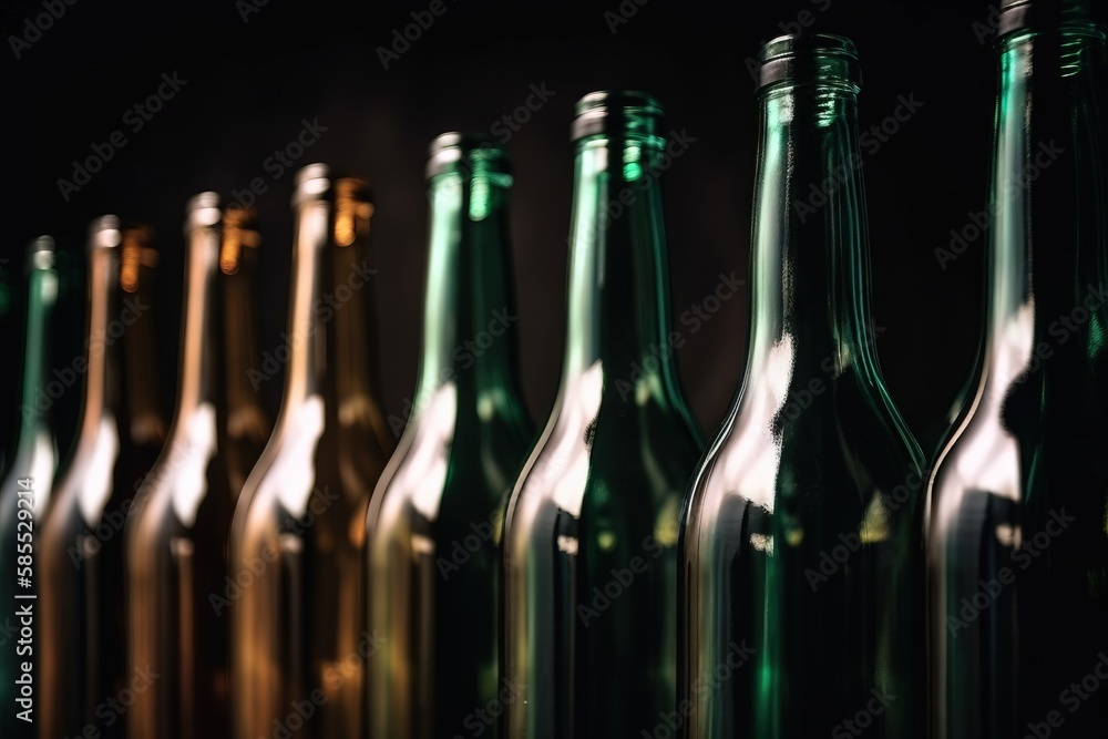 a row of green and brown beer bottles on a black background with light coming through the bottle tops and the bottom half of the bottles. generative ai a row of green and brown beer bottles on a black background with light coming through the bottle tops and the bottom half of the bottles. generative ai