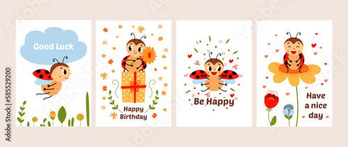 Ladybugs cards  ladybug print posters. Cute funny bug flying  sitting on flower. Summer baby characters  pretty cartoon insects. Kids classy vector set