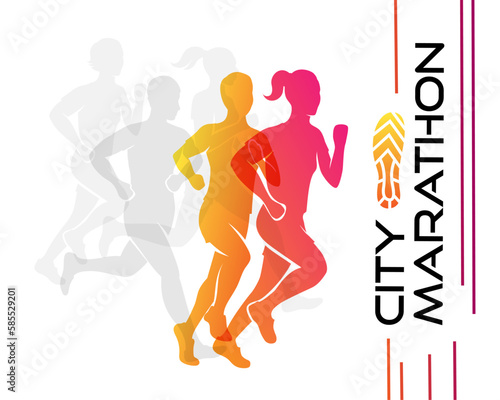 Colorful silhouettes of running people. Conceptual vector illustration of marathon. Sport background with mans and womans in active lifestyle.
