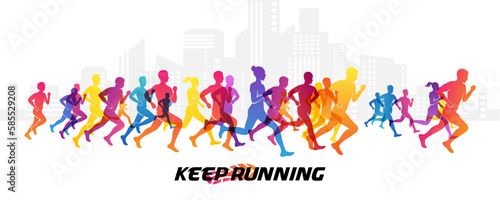 Colorful silhouettes of running people. Conceptual vector illustration of marathon. Sport background with mans and womans in active lifestyle.