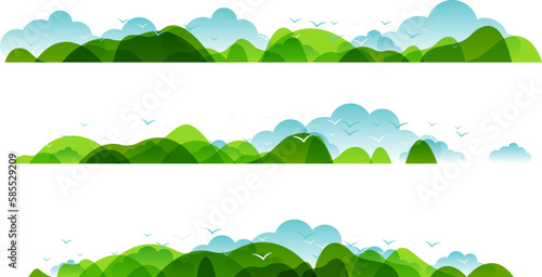 Panoramic of countryside landscapes collection, Horizontal borders of summer or spring landscape with clouds, mountains, hills and flying birds.