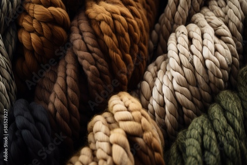  a close up of a bunch of rope with different colors of yarn on it and the rope is multicolored and the rope is brown. generative ai
