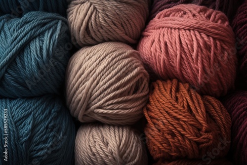  a bunch of balls of yarn sitting on top of each other in different shades of blue, red, orange, and brown colors of yarn. generative ai