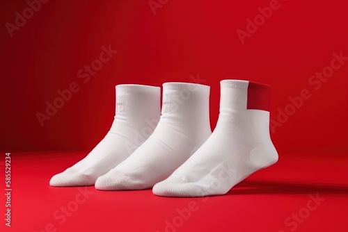  three pairs of white socks sitting on a red surface with a red wall in the background and a red wall in the foreground with a red background. generative ai