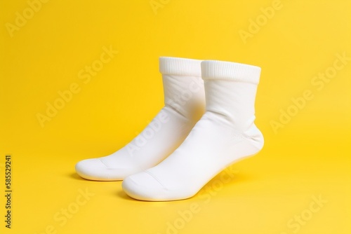  a pair of white socks sitting on top of a yellow background with a yellow background behind them and a pair of white socks sitting on top of a yellow background. generative ai