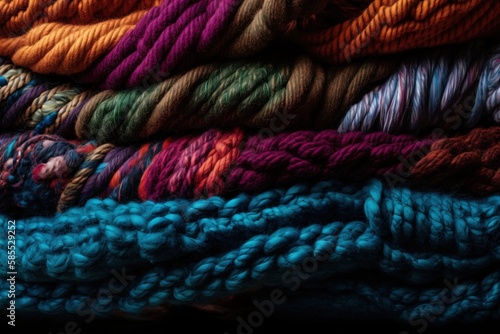  a pile of multicolored skeins of yarn on top of each other on a black background with a black background behind them. generative ai