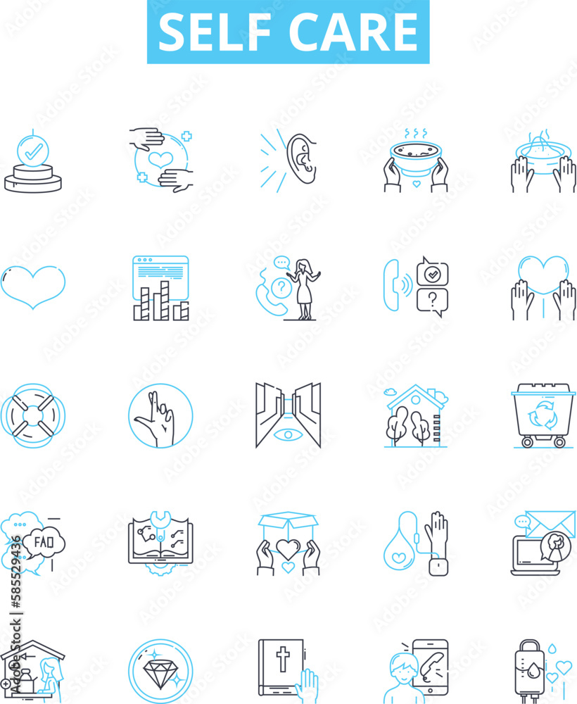 Self Care vector line icons set. Wellness, Hygiene, Exercise, Mindfulness, Meditation, Sleep, Nutrition illustration outline concept symbols and signs Self Care vector line icons set. Wellness, Hygiene, Exercise, Mindfulness, Meditation, Sleep, Nutrition illustration outline concept symbols and signs