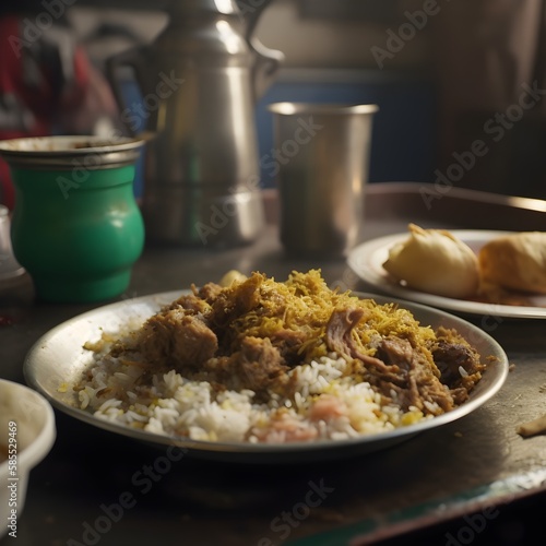 A plate of smoking mutton kachchi biryani in a busy Dhaka cafe environment. Generated by AI. photo