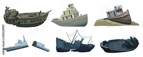 Fotografija Set of sunken ships on seabed isolated on white background