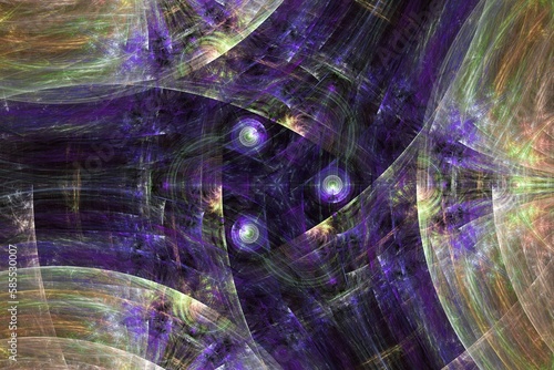 Purple orange pattern of curved waves and shapes on a black background. Abstract fractal 3D rendering