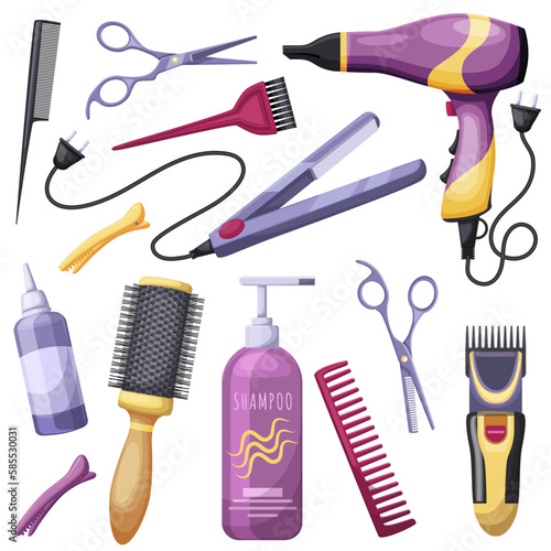 Set of female hairdresser accessories. Professional tools for curling and haircut barbershop. Hair brush, comb, colorful hairdryer, razor scissors. Beauty salon barber accessory. Vector illustration