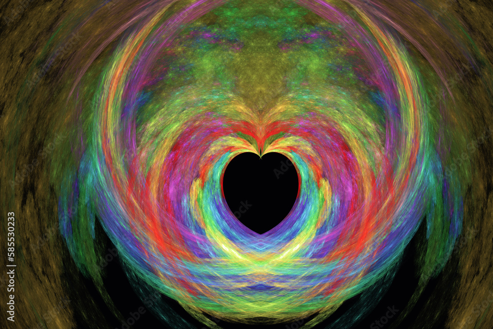 Fototapeta premium Multicolored pattern of crooked waves with a small heart on a black background. Abstract fractal 3D rendering