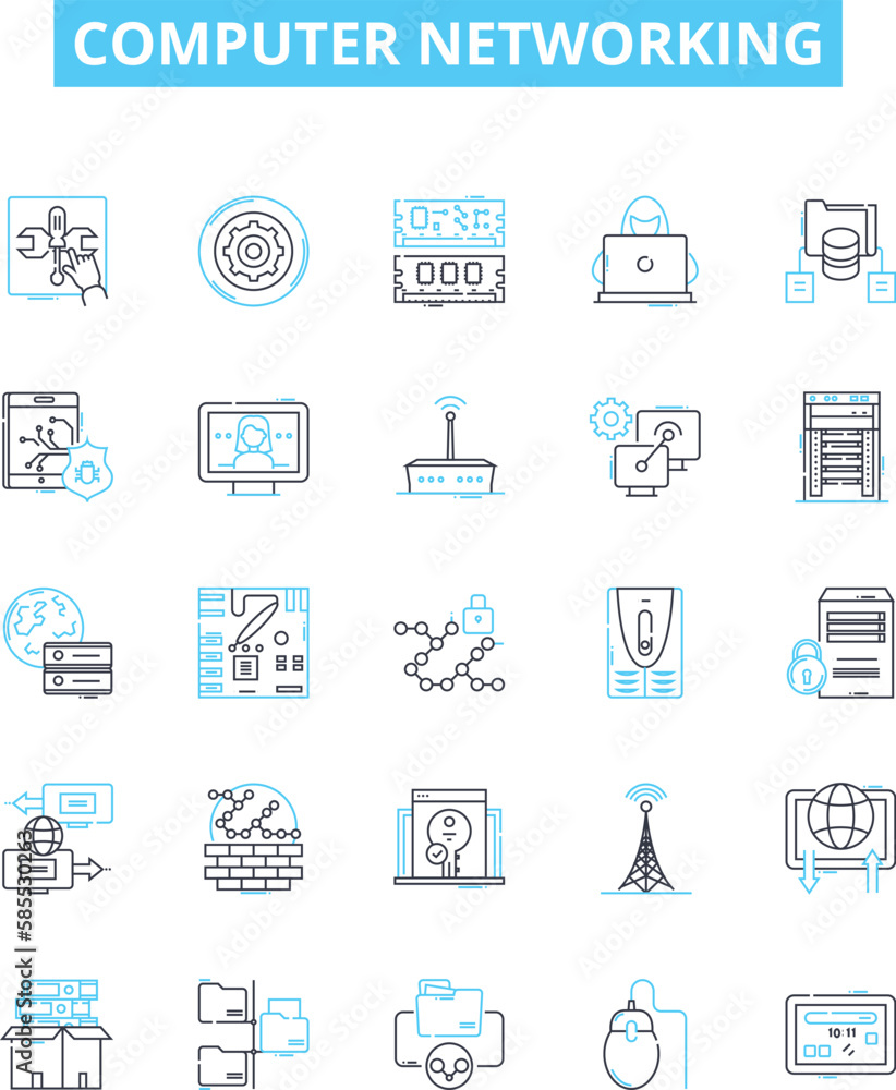 Computer networking vector line icons set. Networking, Computer, Ethernet, TCP/IP, Wi-Fi, Routers, Switch illustration outline concept symbols and signs