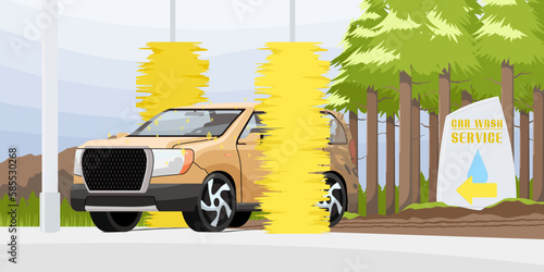 Car wash service banner. Automotive cleaning design. Carwash process promotion. Dirty car cleaned by yellow brushes in automatic wash station. Clean transport in cityscape concept. Vector illustration