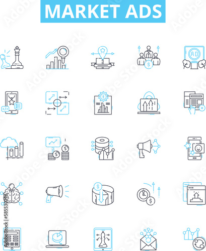 Market ads vector line icons set. Advertising, Markets, Promotions, Placement, Commercials, Campaigns, Spots illustration outline concept symbols and signs