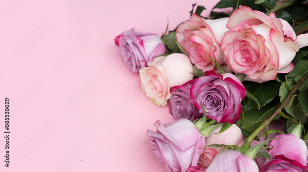 Fototapeta premium wedding or mothers day background, bouquet over plain pink background