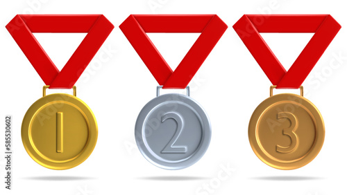 3d medal icon set. Gold, silver and bronze sport award for winner. Vector prize badge 3d render illustration isolated on a white background