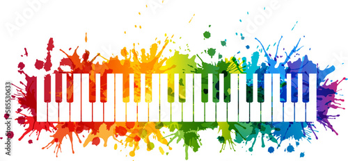 Creative rainbow musical illustration. Vector decoration element with piano silhouette and rainbow paint splashes
