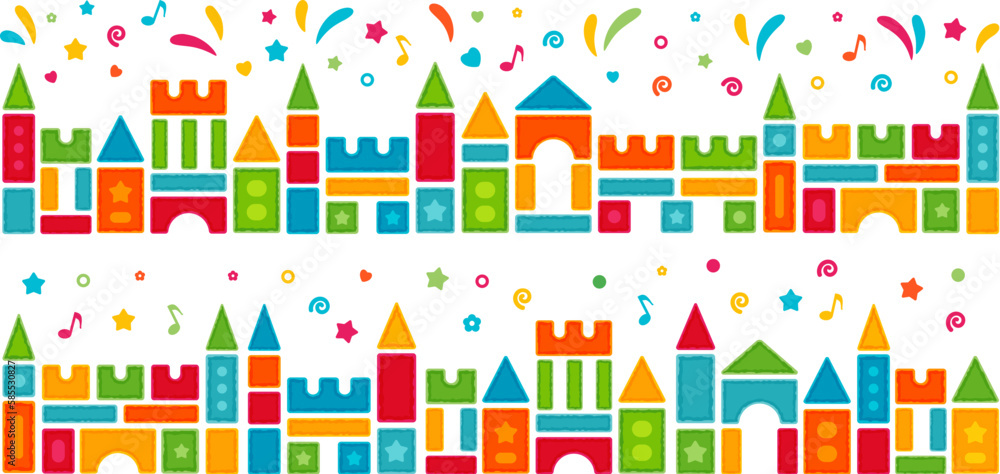 Kids castle from colorful toy blocks with celebration confetti. Horizontal borders. Child's vector decoration