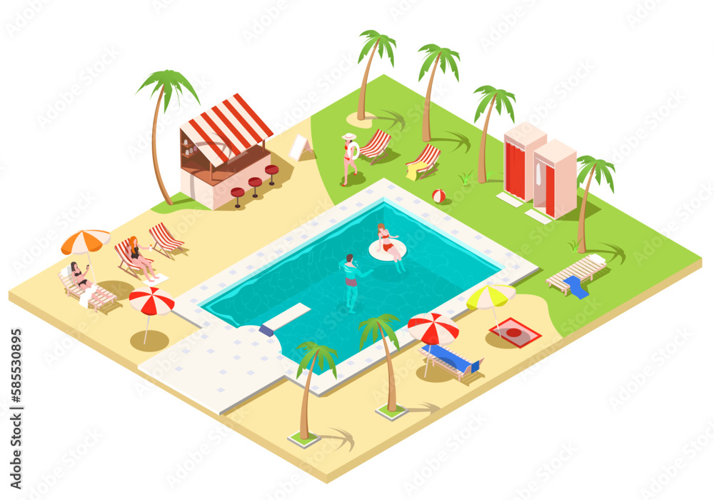 Luxury hotel with palms near pool in isometric view. Summer vacation in ocean tropical resort. Women and girls having sunbathing on sunbed. People swimming in pool with blue water. Vector illustration