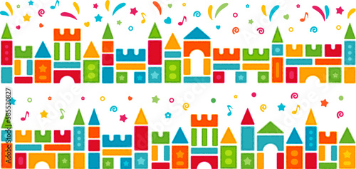 Kids castle from colorful toy blocks with celebration confetti. Horizontal borders. Child's vector decoration