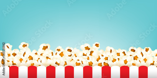 Popcorn with stripped box vector border. Sweetcorn decoration in realistic style.