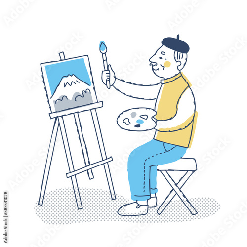 風景画を描いているシニア男性