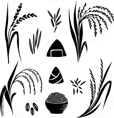 Rice plant and grane collection, Vector isolated silhouettes for design. Onigiri and bowl.