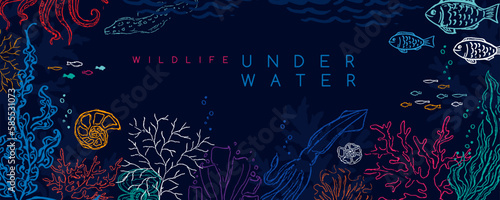 Underwater banner. Vector background with reef landscape. Corals, fish, polyps, shellfish and seaweeds and other sea wildlife.