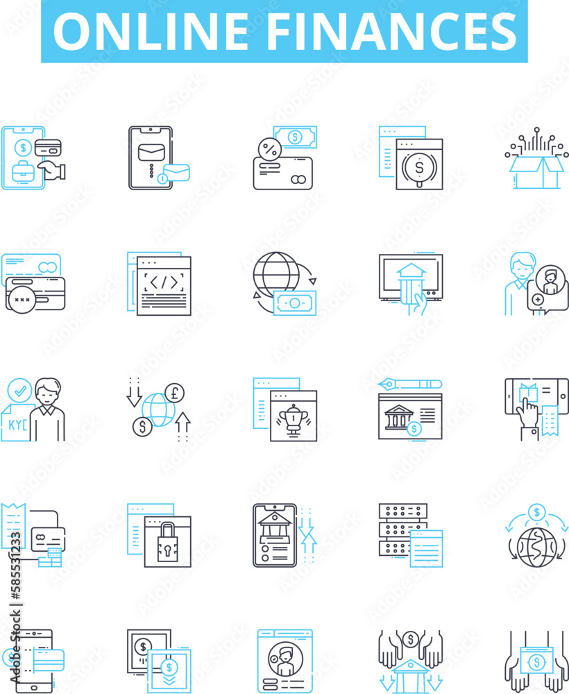 Online finances vector line icons set. Finance, Online, Banking, Savings, Investment, Credit, Loan illustration outline concept symbols and signs Online finances vector line icons set. Finance, Online, Banking, Savings, Investment, Credit, Loan illustration outline concept symbols and signs