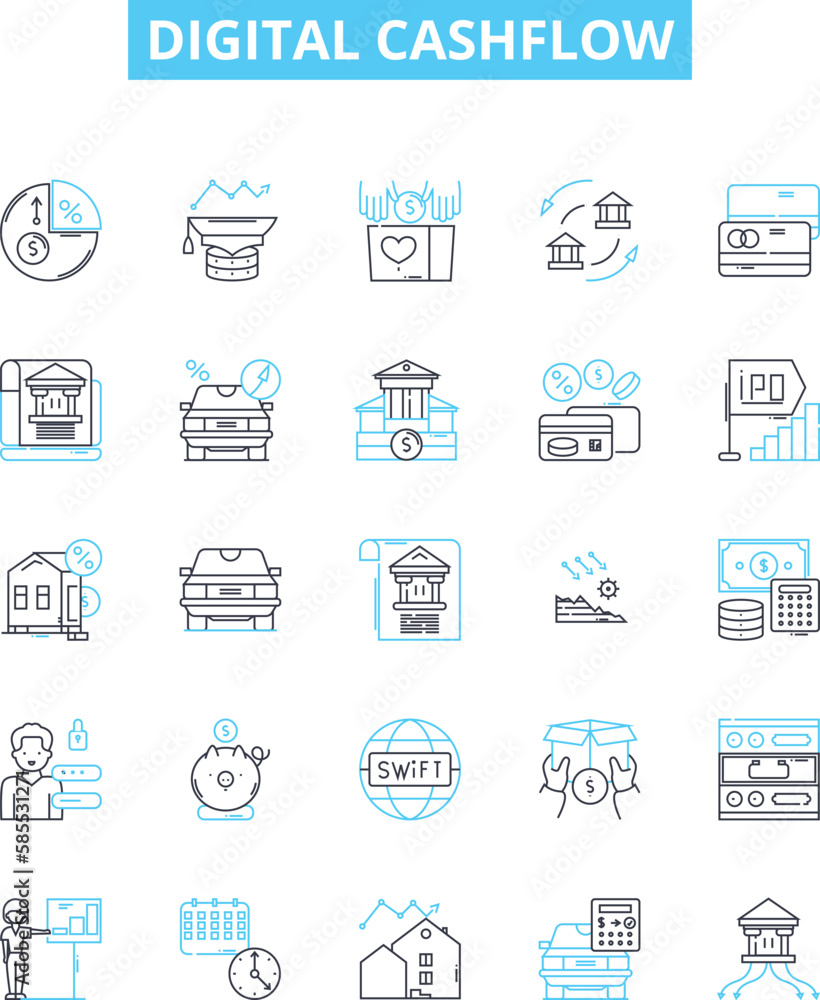 Digital cashflow vector line icons set. Digital, Cashflow, Banking, Payments, Funds, Transactions, Money illustration outline concept symbols and signs Digital cashflow vector line icons set. Digital, Cashflow, Banking, Payments, Funds, Transactions, Money illustration outline concept symbols and signs