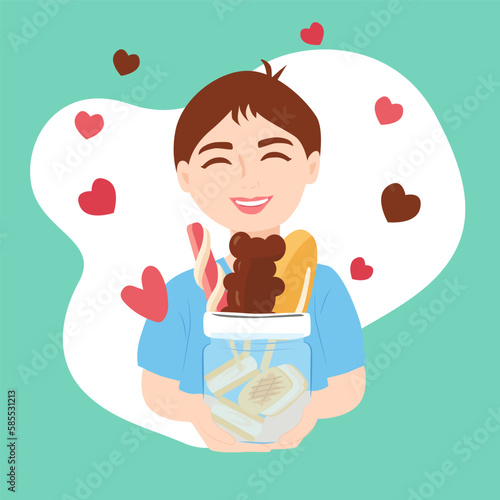 Smiling boy with jar of ice cream. Vector Illustration for Happy national ice cream day on hearts background. No Diet Day   Eat What You Want Day llustration.