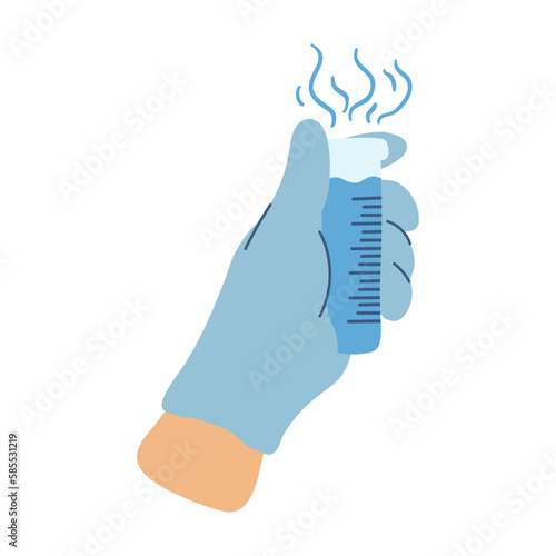 Liquid nitrogen cooling for cryogenic treatment. Concept of targeted frozen surgery for skin and prostate health. Healthcare worker hand holding a test tube with Nitrogen