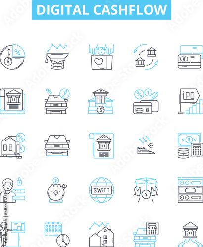 Digital cashflow vector line icons set. Digital  Cashflow  Banking  Payments  Funds  Transactions  Money illustration outline concept symbols and signs