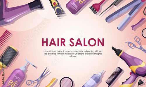  Beauty salon barber banner or poster. Hairdresser accessories. Professional tools for curling and haircut barbershop. Purple pink color design for print flyer and web background. Vector illustration