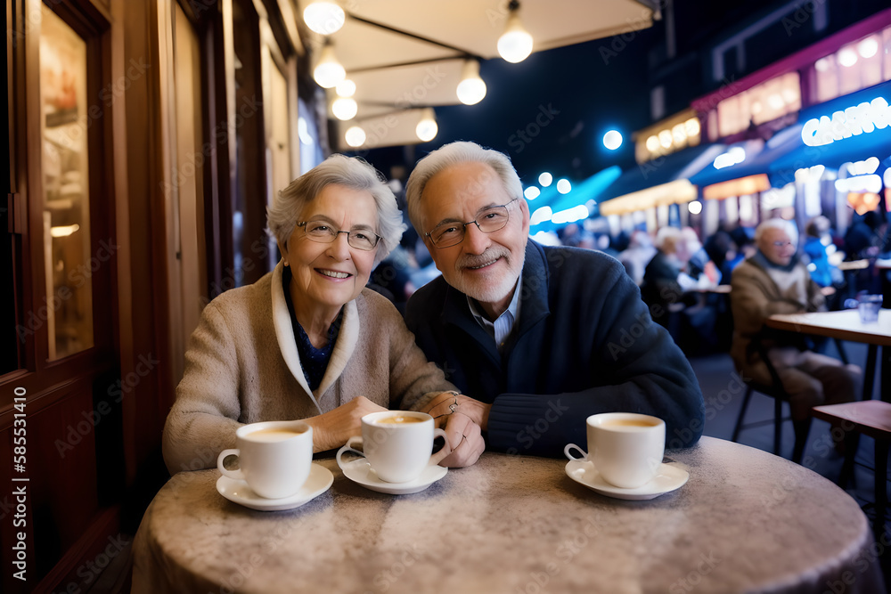Happy middle aged retired family couple drinking coffee in a French style cafe. Concept of active age. Generative AI