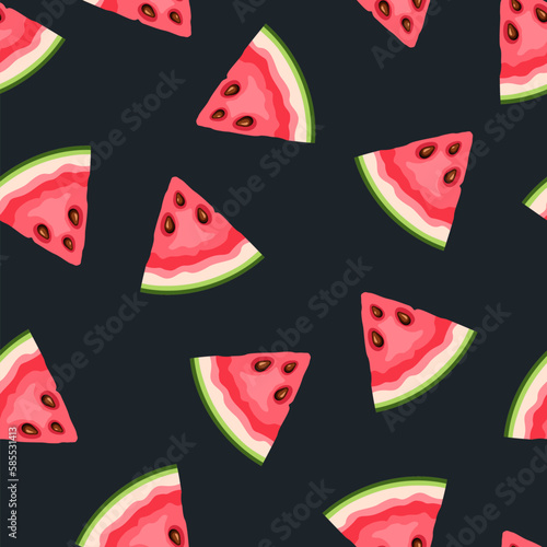 Seamless pattern with watermelon fruit slices on a black background. Vector illustration
