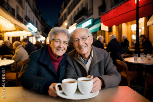 Happy middle aged retired family couple drinking coffee in a French style cafe. Concept of active age. Generative AI © mikhailberkut