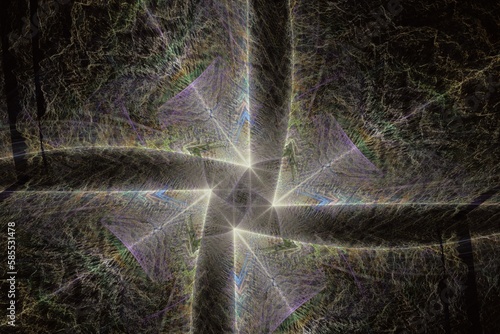 Dark brown cross pattern of crooked waves on a black background. Abstract fractal 3D rendering