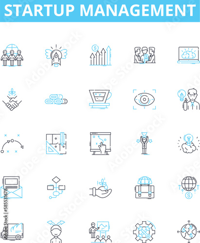 Startup management vector line icons set. incubation, capitalization, monetization, benchmarking, operationalization, staffing, ideation illustration outline concept symbols and signs