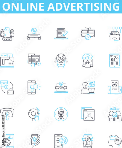 Online advertising vector line icons set. Online, Advertising, Digital, Ads, Marketing, Campaigns, Platforms illustration outline concept symbols and signs