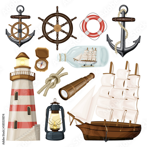 Set of sea adventures elements. Wooden ship frigate or corsair with white sails. Different sailors icons isolated on white background. Cartoon image of Lighthouse, anchor, float. Vector illustration