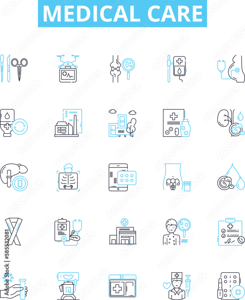 Medical care vector line icons set. Medicine, health, treatment, surgery, doctor, healthcare, diagnostics illustration outline concept symbols and signs