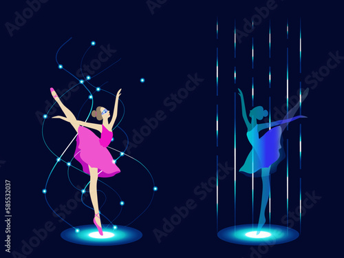 Ballerina dancing in VR glasses with augmented neon hologram. Young woman ballet dancer in pink dress standing in beautiful pose on one leg. Avatar character in virtual reality. Vector illustration