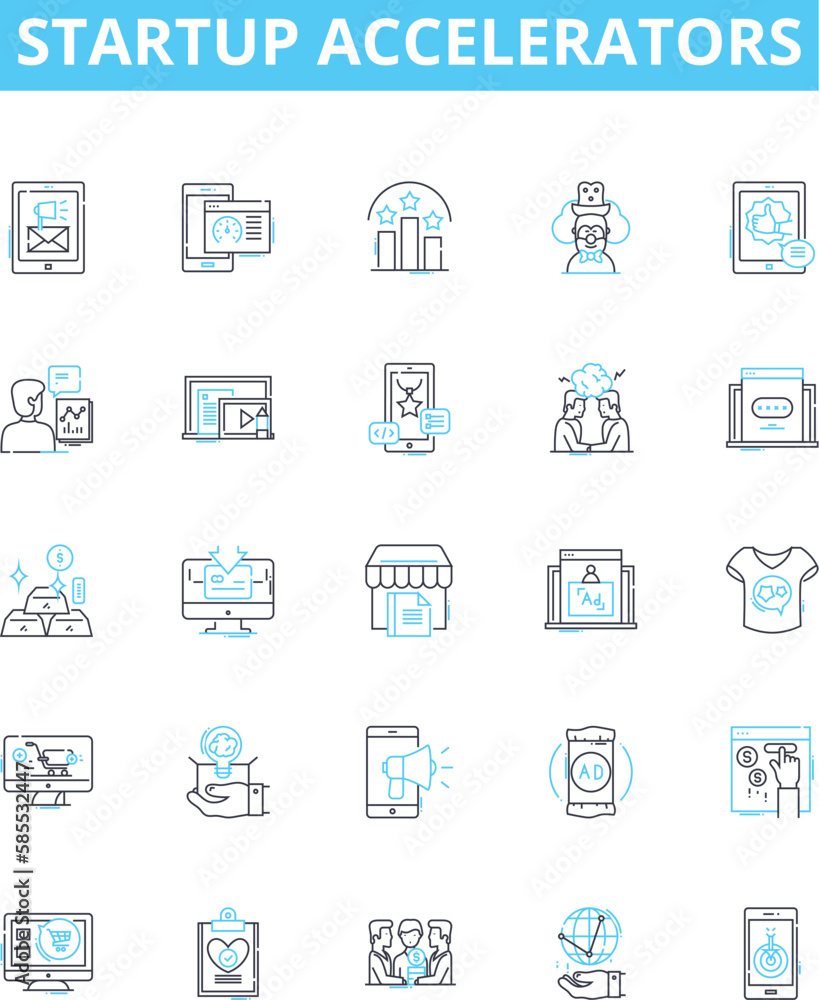 Startup Accelerators vector line icons set. Incubator, Investing, Mentoring, Fundraising, Accelerator, Innovation, Networking illustration outline concept symbols and signs Startup Accelerators vector line icons set. Incubator, Investing, Mentoring, Fundraising, Accelerator, Innovation, Networking illustration outline concept symbols and signs