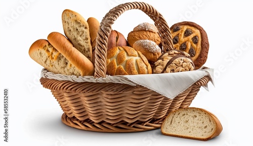 A basket of assorted bread isolated on white background