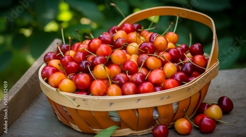 Fresh rainier cherries in the basket photo