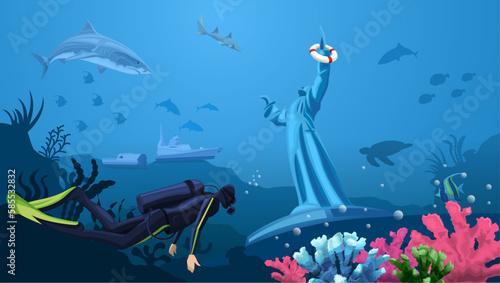 Fototapeta Naklejka Na Ścianę i Meble -  Diver with gear found wreck ship and statue of neptune. Snorkeling deep underwater with fantastic seascape near sunken battleship with sharks and turtle. Biologist explore seabed. Vector illustration
